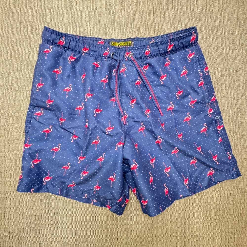 Surf Society by O'Neill Mens Flamingo Polka Dot Swim Trunks Navy Blue Medium
